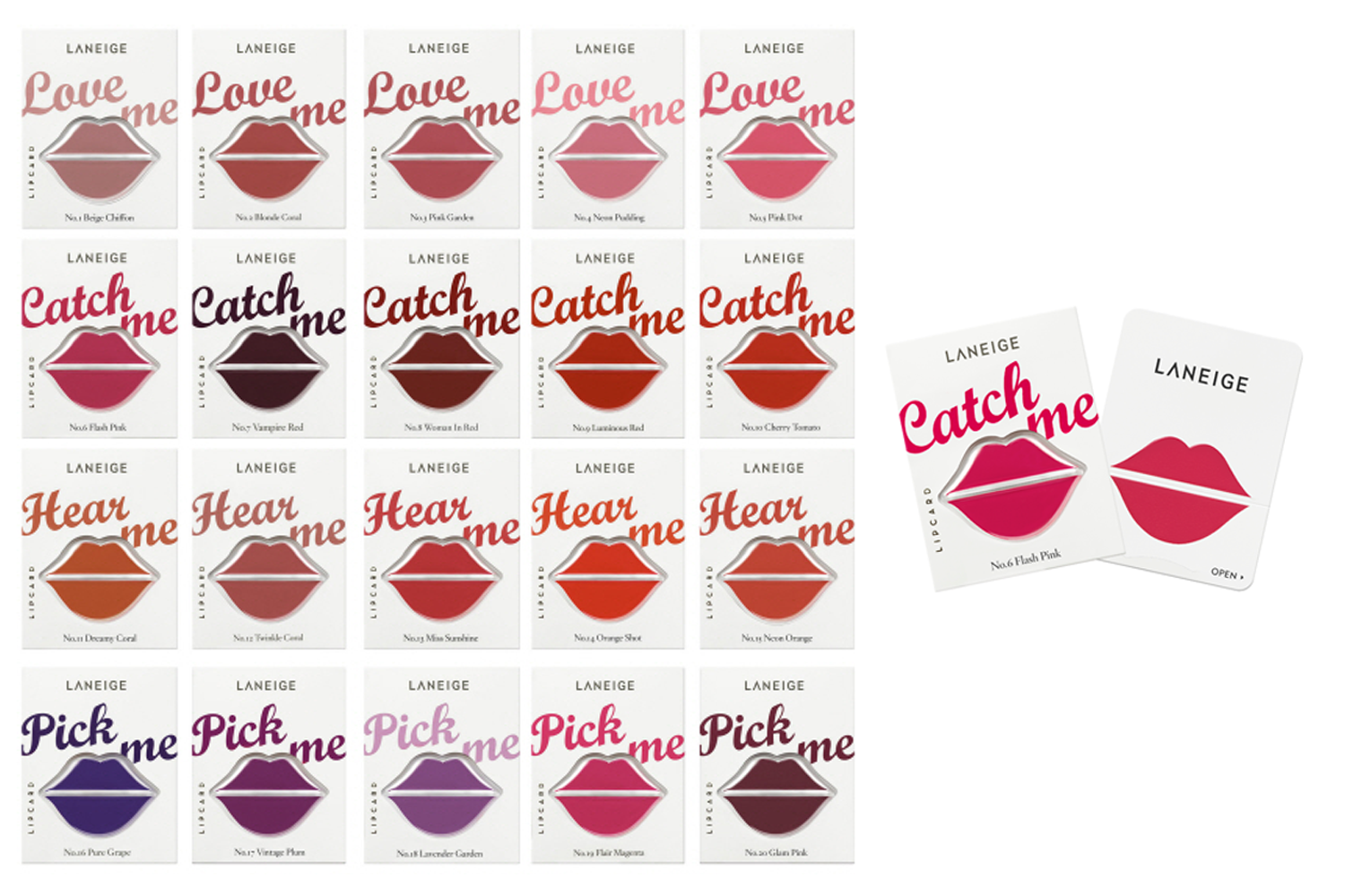 韓國品牌Laneige推出的唇彩卡，展示了多種顏色選擇，包括粉紅、紫色、橙色和紅色。