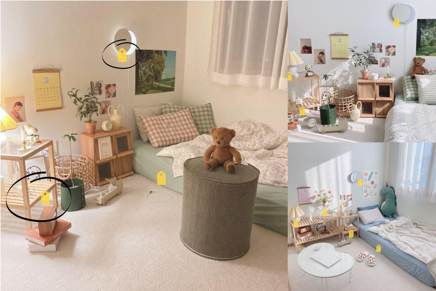 Phòng ngủ Hàn Quốc với ánh sáng nhẹ, giường nệm đặt trên sàn, và các sản phẩm nội thất được đánh dấu để mua sắm dễ dàng thông qua ứng dụng.