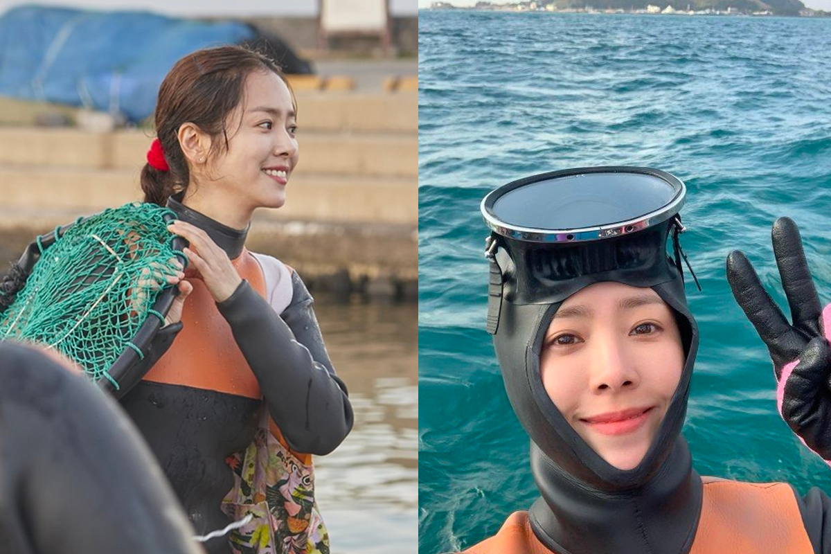 濟州島海女穿著潛水服準備下水的圖片，展現海女的傳統捕魚活動。