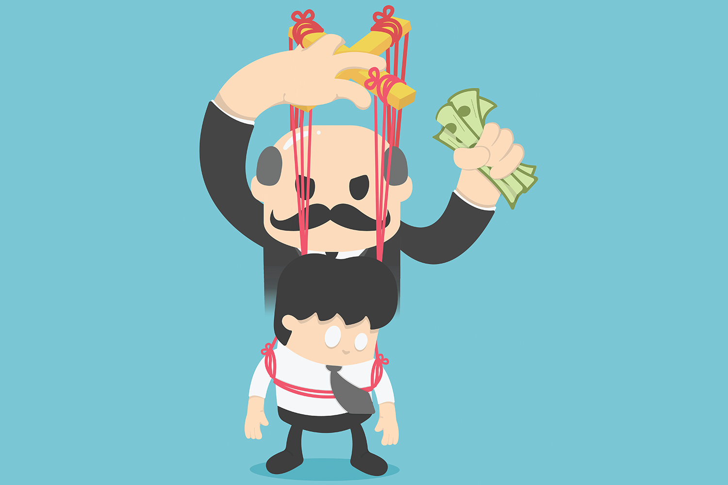 Ilustración de una figura controlando a otra como una marioneta, representando la actitud autoritaria de algunas empresas sobre los trabajadores.