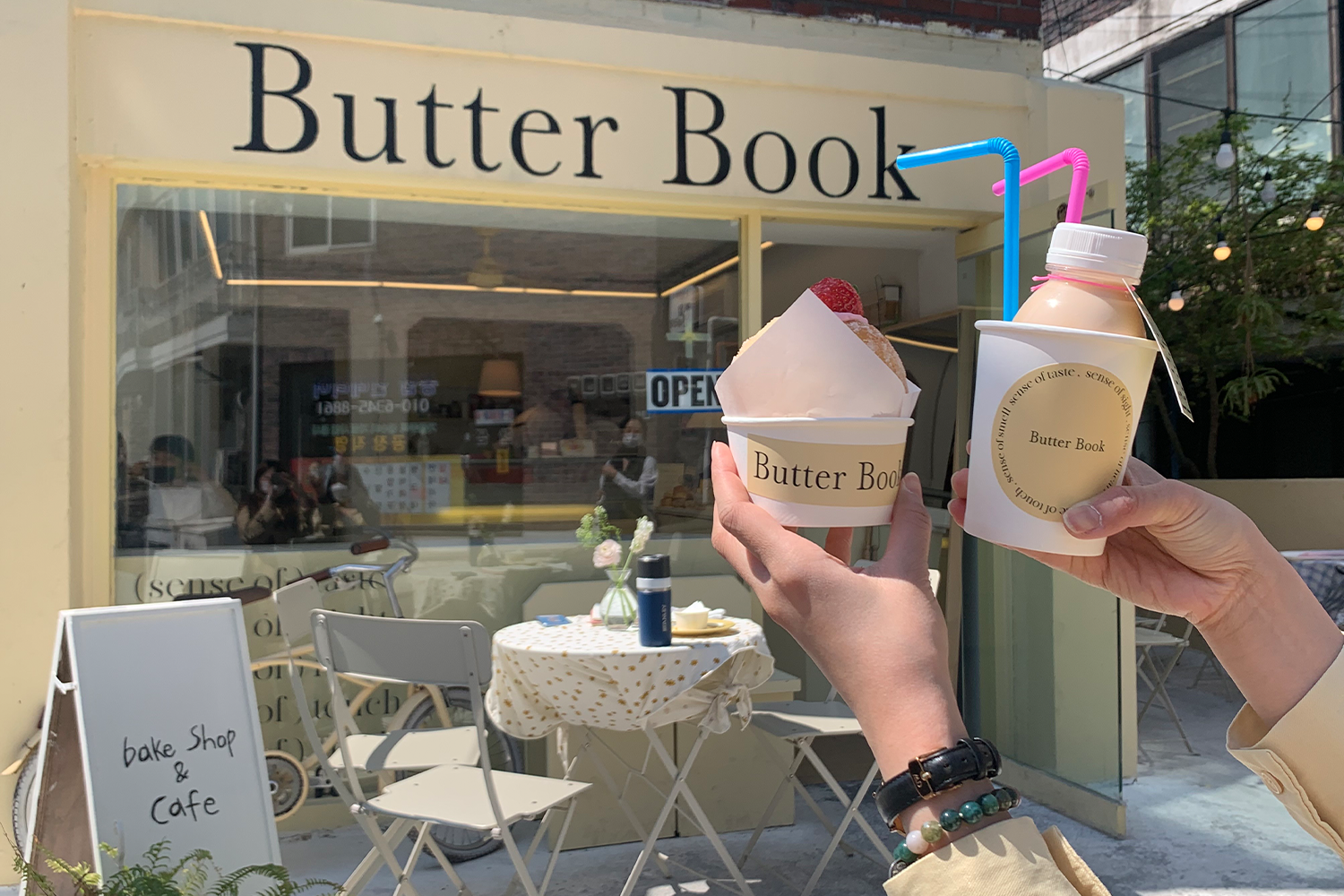 ice cream and drink infront of butter book cafe