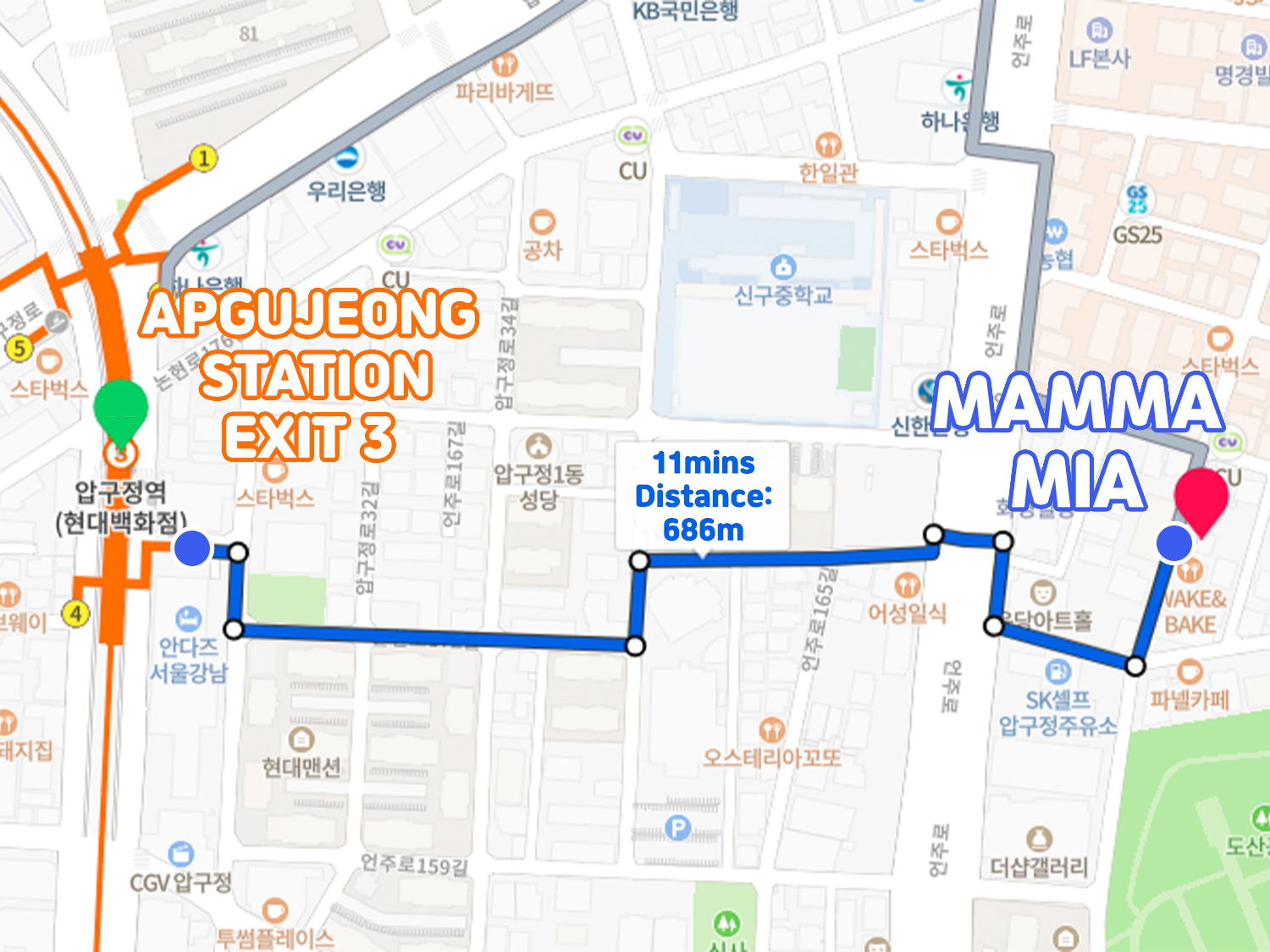 naver map directions from apgujeong station exit 3 to mamma mia cafe