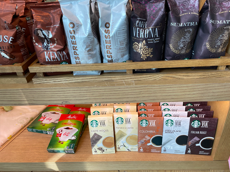 starbucks coffees on shelves