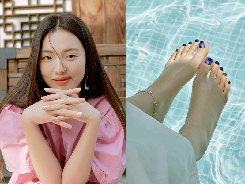 Manos con esmalte de uñas de la marca Ohora en tonos neutros, mostrando un diseño minimalista de manicura.