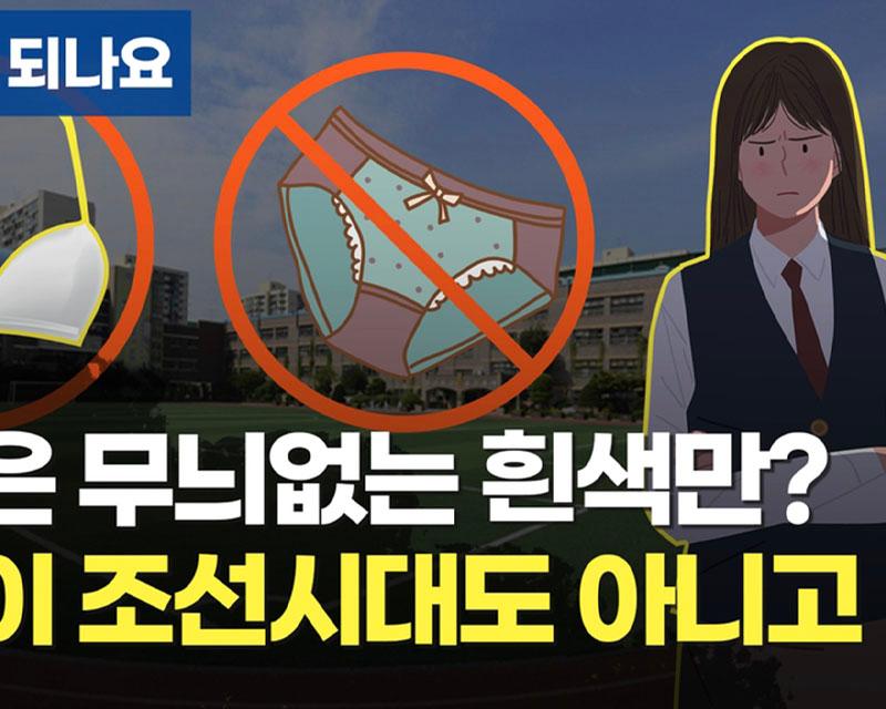 學校外觀及內衣穿著規定的示意圖，圖中顯示禁止顏色及樣式多樣的內衣穿著。韓國校規爭議與學生服飾自由問題。