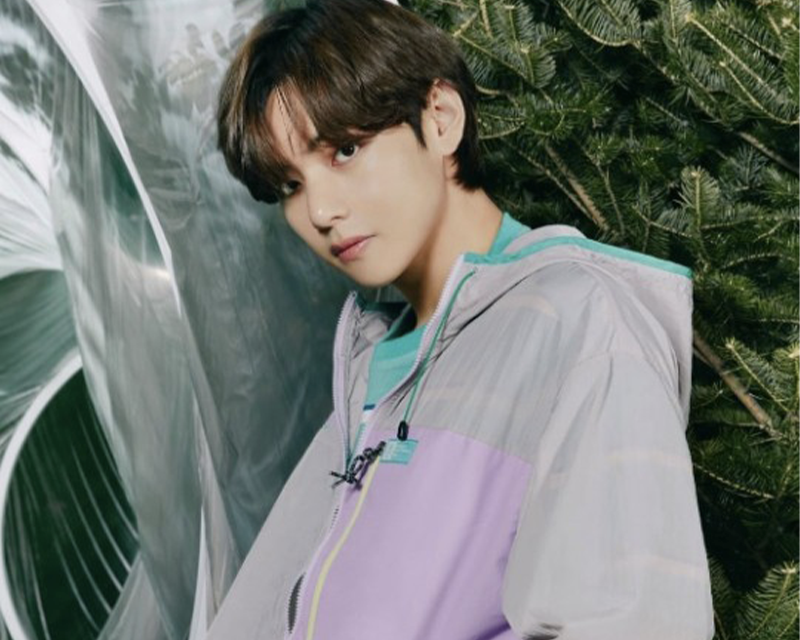 BTS 成員 V 穿著休閒風格的夾克，在自然背景下展現魅力。