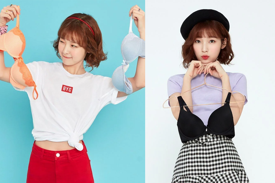 女性代言人在女性内衣品牌广告中展示不同颜色的文胸，两张宣传照中背景为蓝色墙面和白色背景。