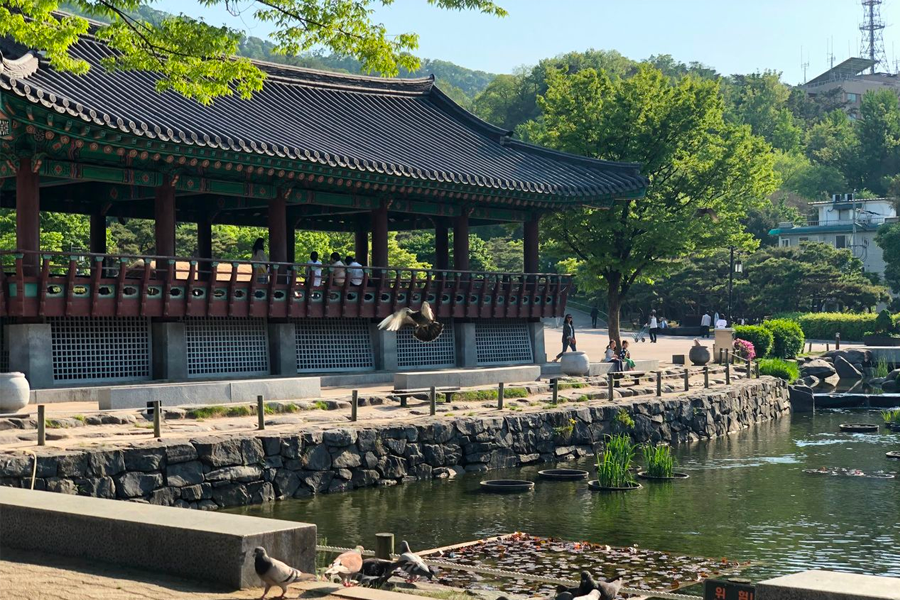 Namsan Hanok Village showing traditional Korean lakeside pavilion architecture amidst nature.