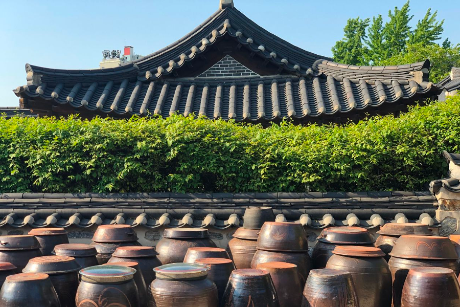 Traditional Korean pottery jars for fermenting food seen at Namsan Hanok Village, offering cultural insights.