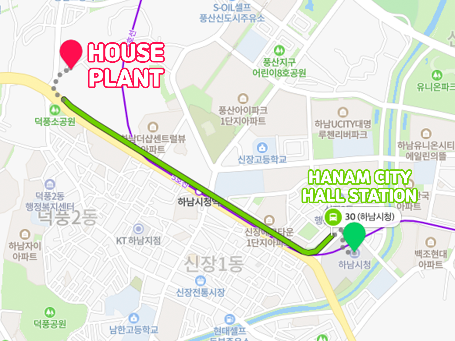 map of how to get to house plant from hanam city hall station