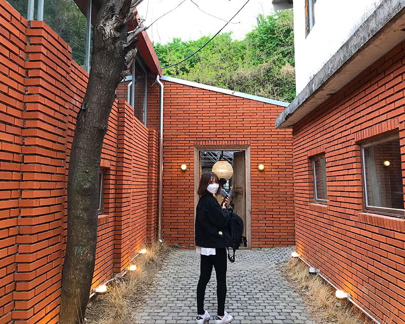 House Plant furniture cafe girl posting in between wooden red brick walls