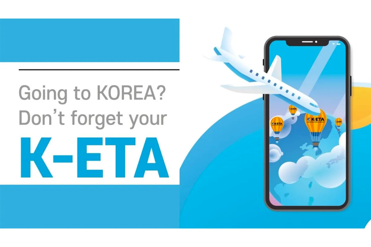 K-ETA 宣傳圖,告示牌上的手機展示飛機和K-ETA標誌的熱氣球,提醒申請者不要遺漏K-ETA。