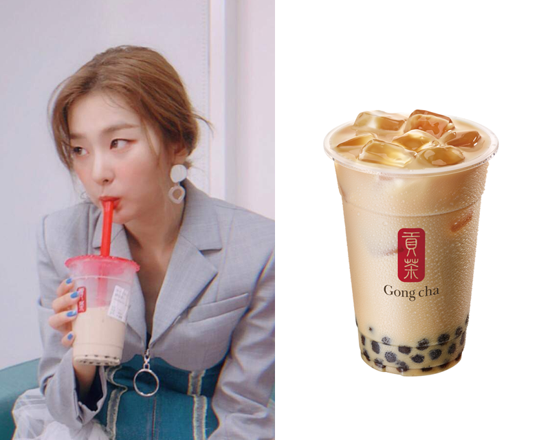 seulgi drinking black milk tea from Gong Cha