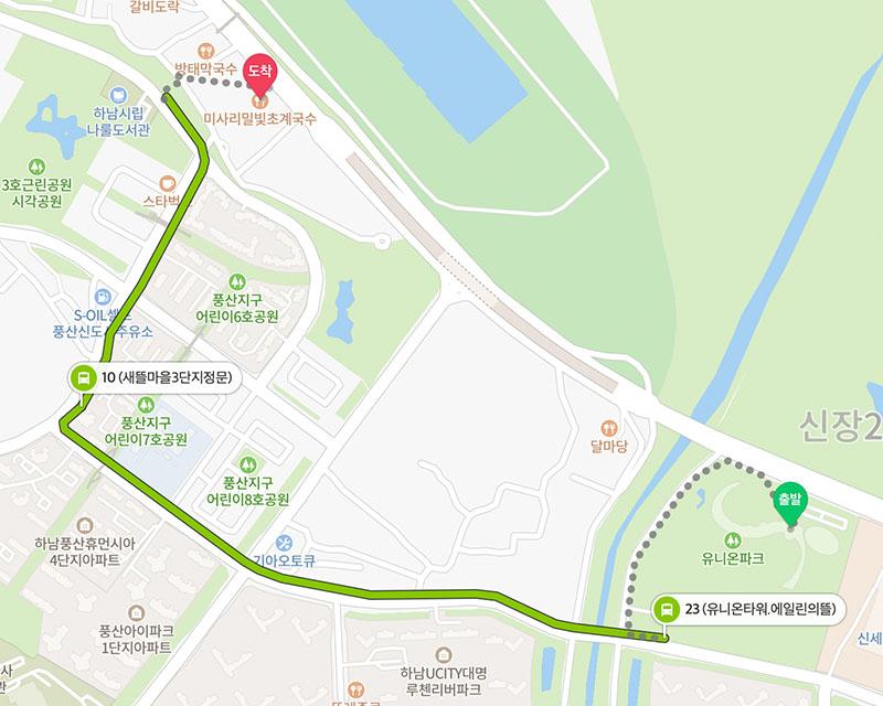 韓國京畿道河南市內的一張地圖，顯示旅遊景點的路線和位置標識。