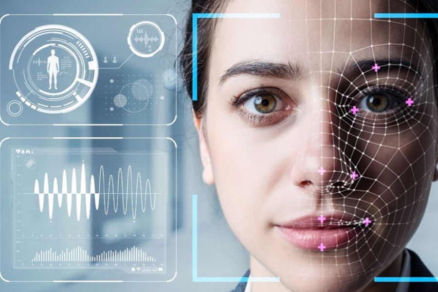 深度偽造技術的圖像，展示數位人臉識別及聲波分析功能。
