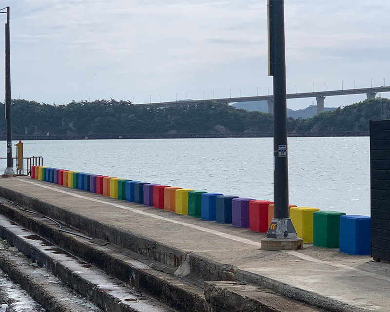 Mokpo beach colourful benches