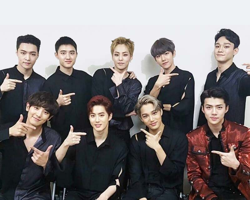 2015年最具影響力韓國男團搜尋排名的餅圖，EXO遙遙領先，其次是BIGBANG和GOT7，iKON和BTS位居第四和第五。