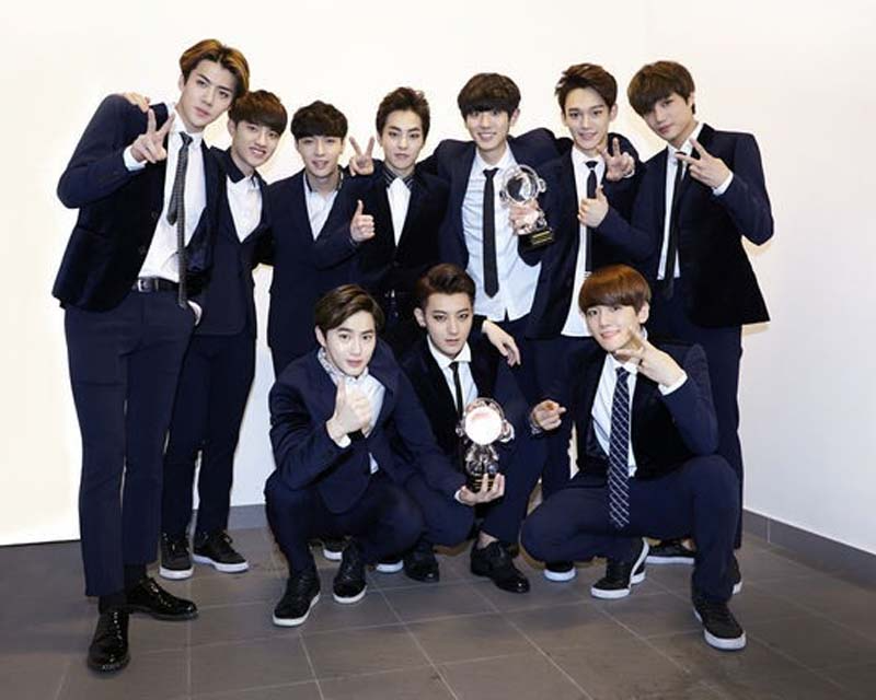 2014年最具影響力韓國男團搜尋排名的餅圖，EXO名列榜首，Super Junior和GOT7緊隨其後，第四和第五名分別是BIGBANG和SHINee。