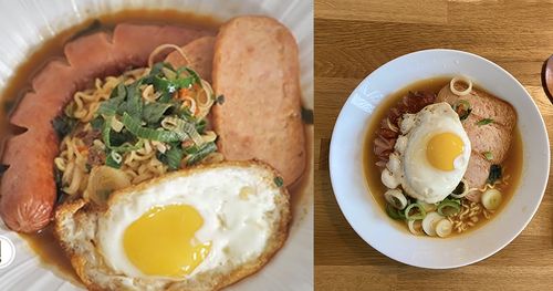Comparing the original version of BTS x Baek Jong-won's ham ramyeon (left) and the one made by us (right)