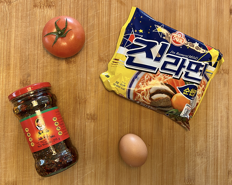 A layout of all ingredients needed to make Chenle ramyeon