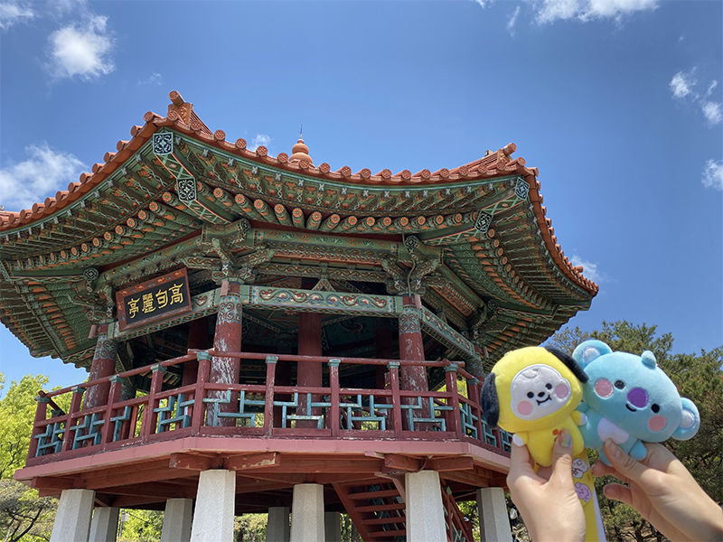 BTS RM & Jimin plushies in front of Goguryeojeong, Achasan, Seoul