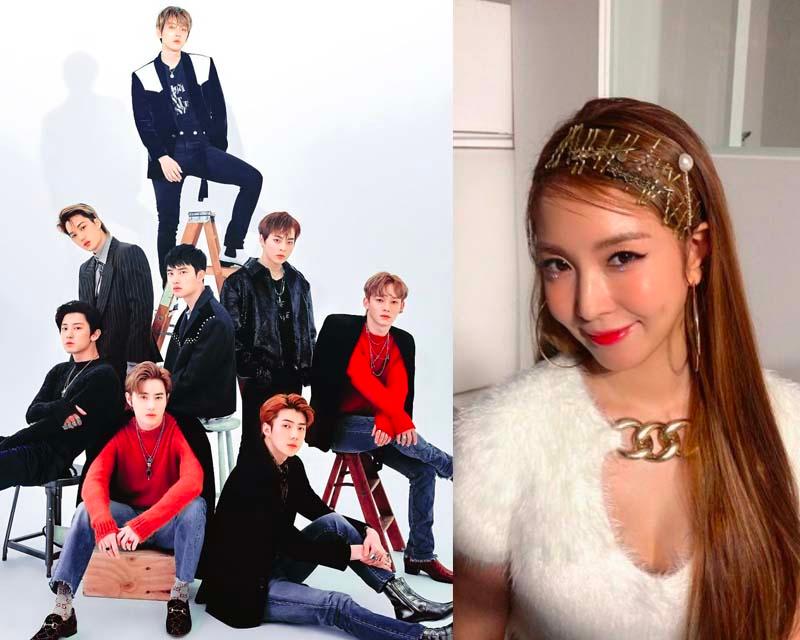 กลุ่มศิลปิน K-pop ที่มี EXO บนเก้าอี้และรูปที่ถูกเบลอ คอลลาร์โซลท่ามกลางที่รอว่าจะขึ้นคอนเสิร์ต