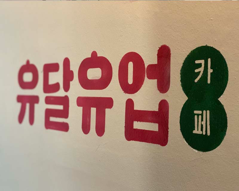 유달유업韓文標誌，醒目點綴咖啡廳牆面。