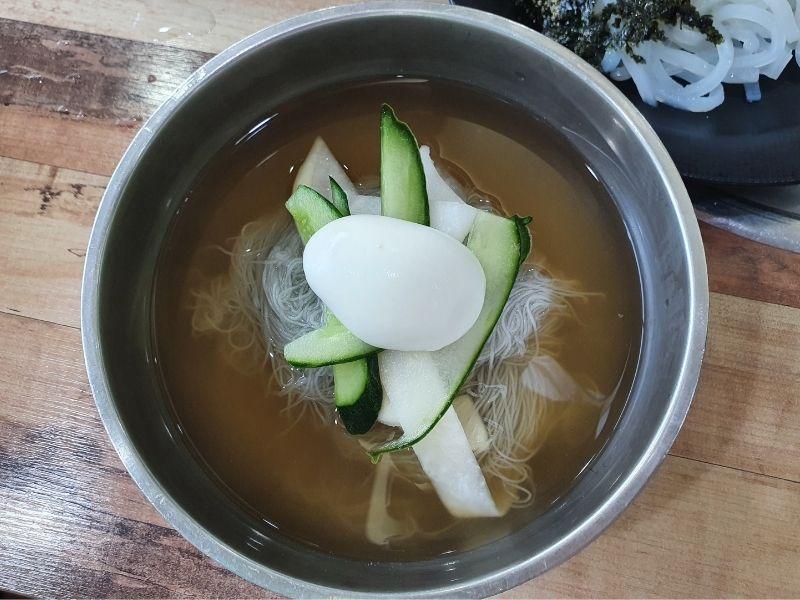 Cold noodles on a wooden table at Dawon restaurant in Danyang