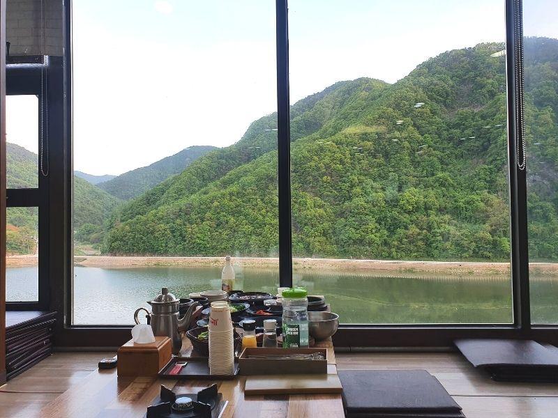 Window seats on the floor at Dawon Restaurant Danyang