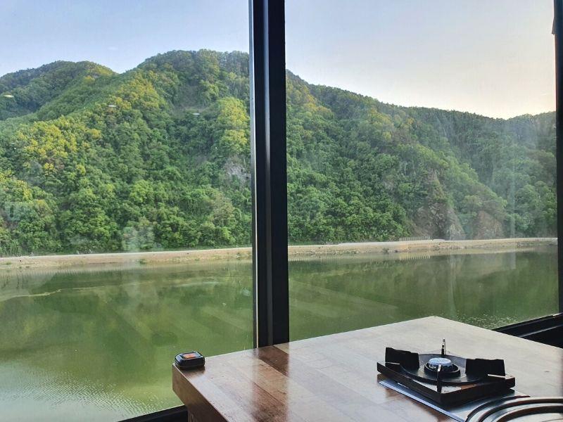 River and the mountain view from Dawon Restaurant Danyang