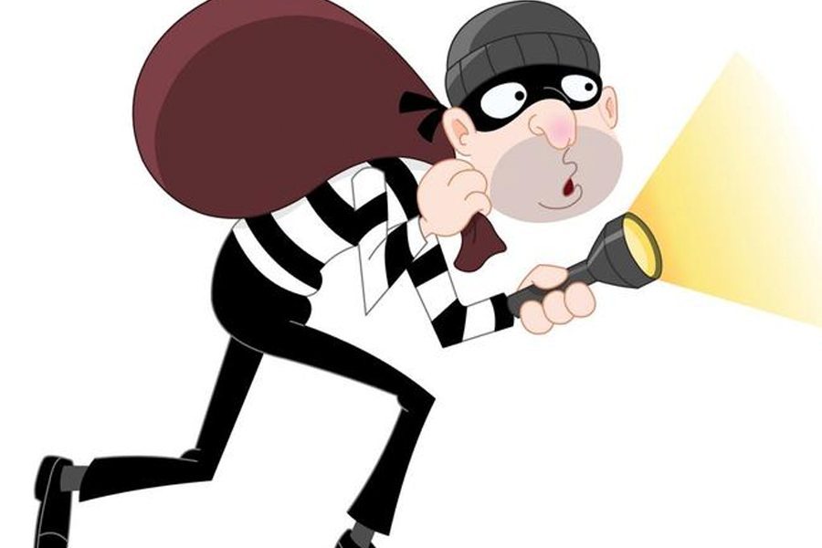 插畫中一位身穿斑馬紋衣服的盜賊帶著大包袱在執行偷竊,手電筒的光束照亮了他的路徑,背景是一片空白。