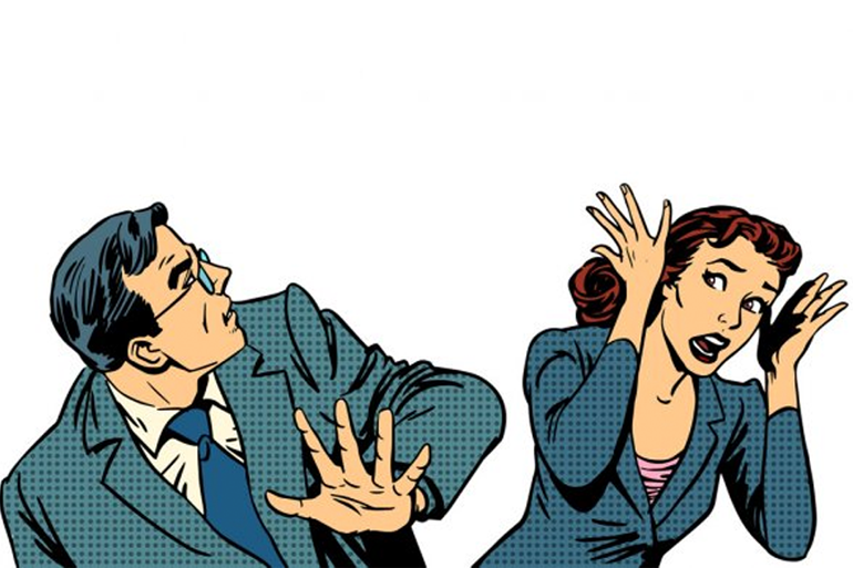 一幅漫畫風格的畫作中,兩個人正驚慌避讓,一人抬起雙手保護自己,另一人有所動作,背景為白色。