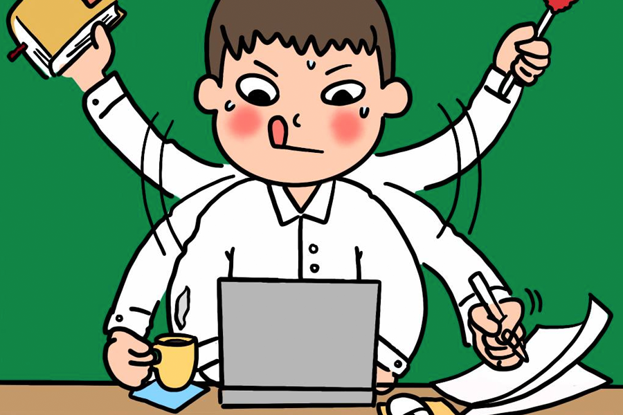 插畫描述一名男子多工狀態,手中拿著書本、咖啡、筆,正急著使用電腦工作,背景為綠板。