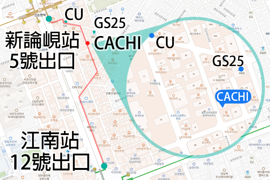 臺北江南新論峴站五號出口地圖，通往 CACHI 咖啡廳