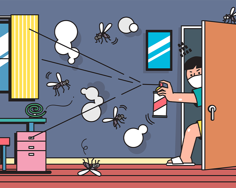 cartoon of angry korean spraying bug spray on mosquitos