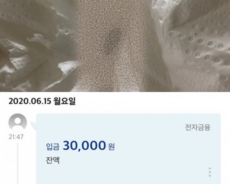 screenshot of korean secondhand shopping app sharing update of payment of 30,000 won for someone capturing a bug