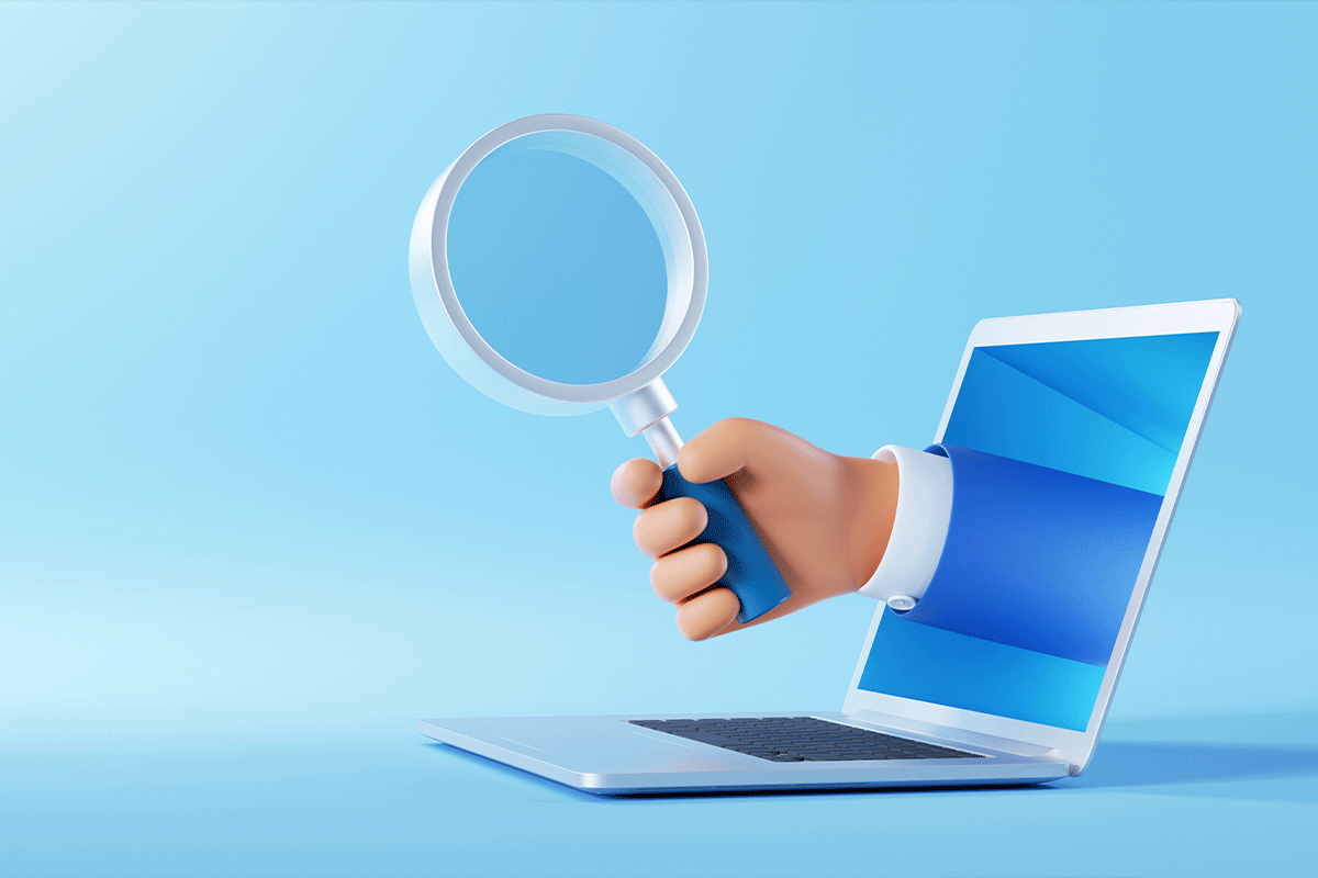 ノートPC画面から手が伸び出し拡大鏡を持っているイラスト。販売者の口座番号を検索して詐欺防止のために使用する方法を示しています。