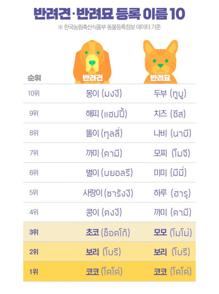 ชื่อสัตว์เลี้ยงยอดนิยมในเกาหลี