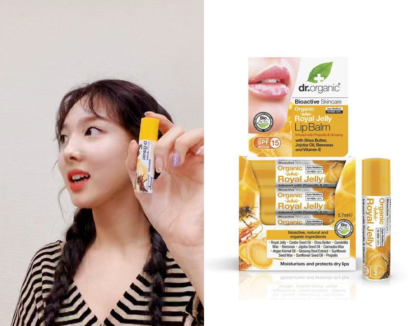 TWICE 成員使用 dr. organic 有機蜂皇乳漿防曬潤唇膏，這款產品提供 SPF 防曬及持久保濕效果。