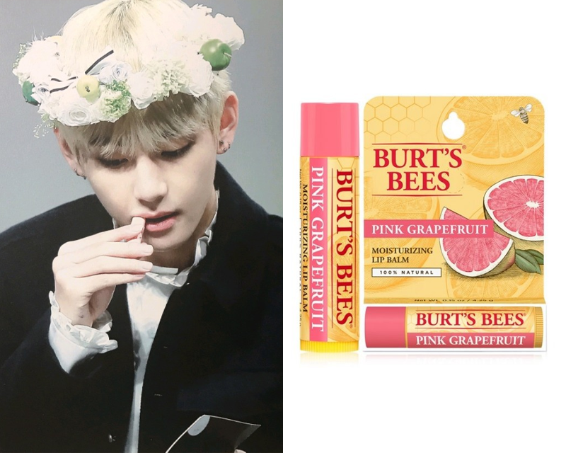 BTS 成員使用 Burt's Bees 葡萄柚潤唇膏，展示潤唇膏的外觀和包裝設計。這款潤唇膏以其自然成分和保濕效果而受歡迎。