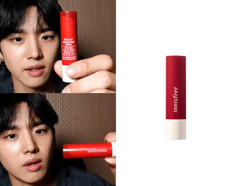 PENTAGON 成員展示 Innisfree 水潤亮澤潤唇膏，第 5 號色，提供完美唇色和持久保濕效果。