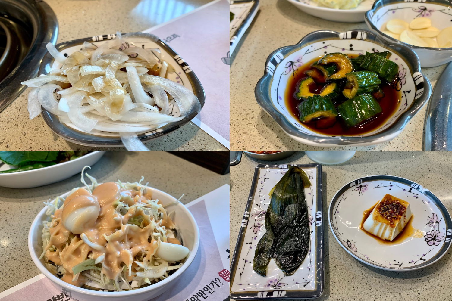 Yangban Galbi Daegu side dishes and vegetables on a beige table