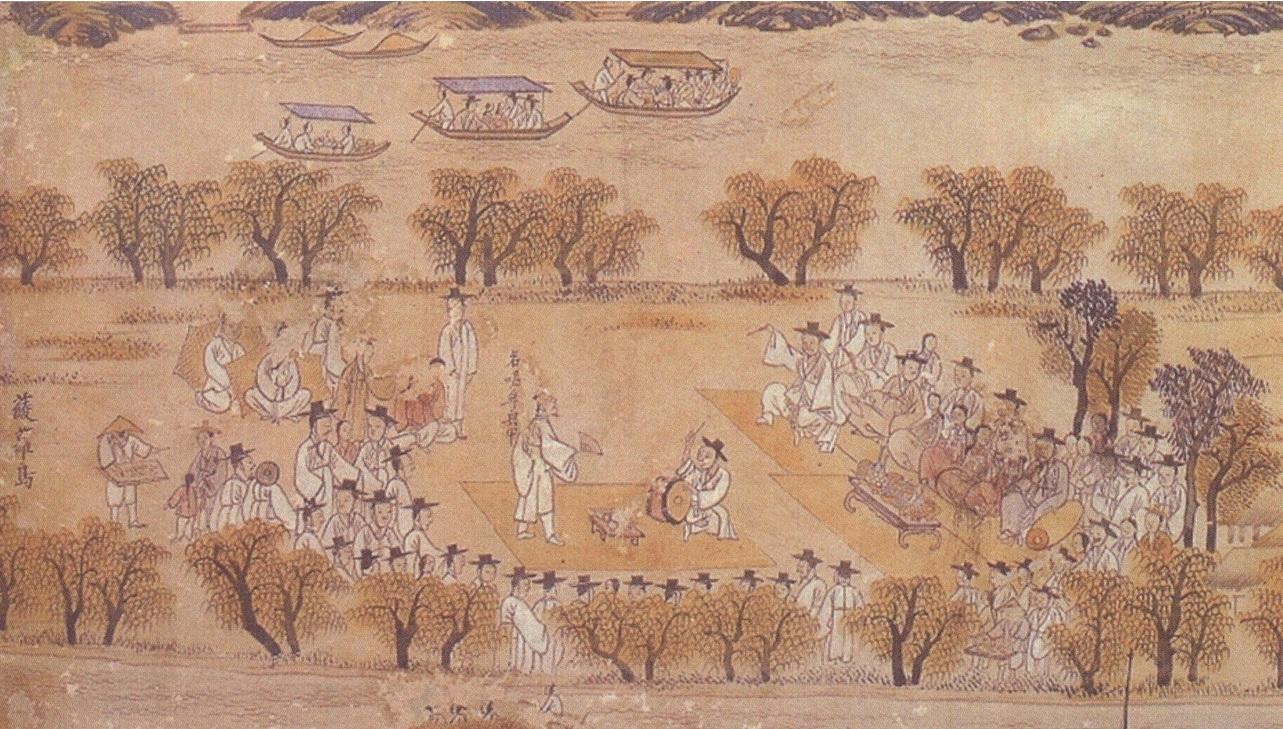 古畫中描繪韓國傳統民俗活動盤索裏及農樂,這些活動充滿了興奮和活力。