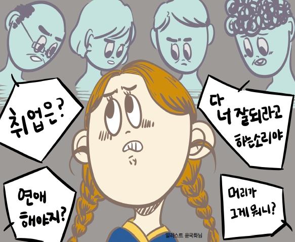 漫畫插圖,展示女性面對社會壓力,思考著職業和外貌等問題的面對。」