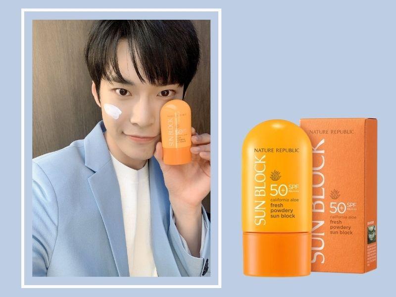 NCT Doyoung dùng kem chống nắng Nature Republic California Aloe Fresh Powdery Sun Block