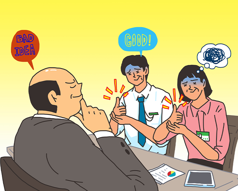 image of boss giving bad idea and two employees agreeing it
