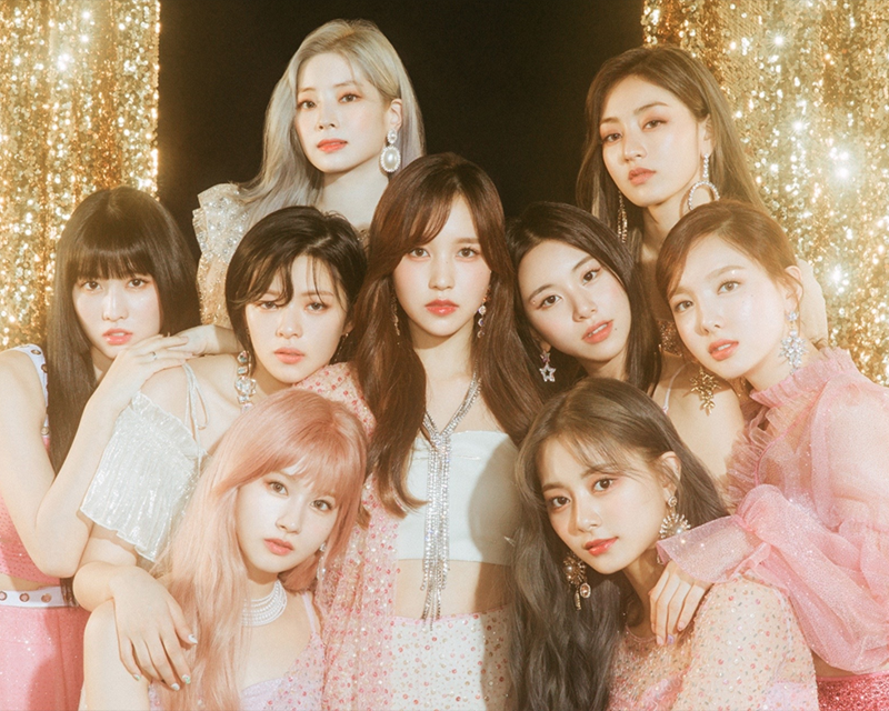 JYP Twice group picture pink concept with gold background