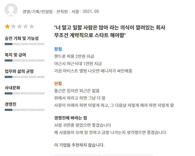 Saramin SM employee review in Korean