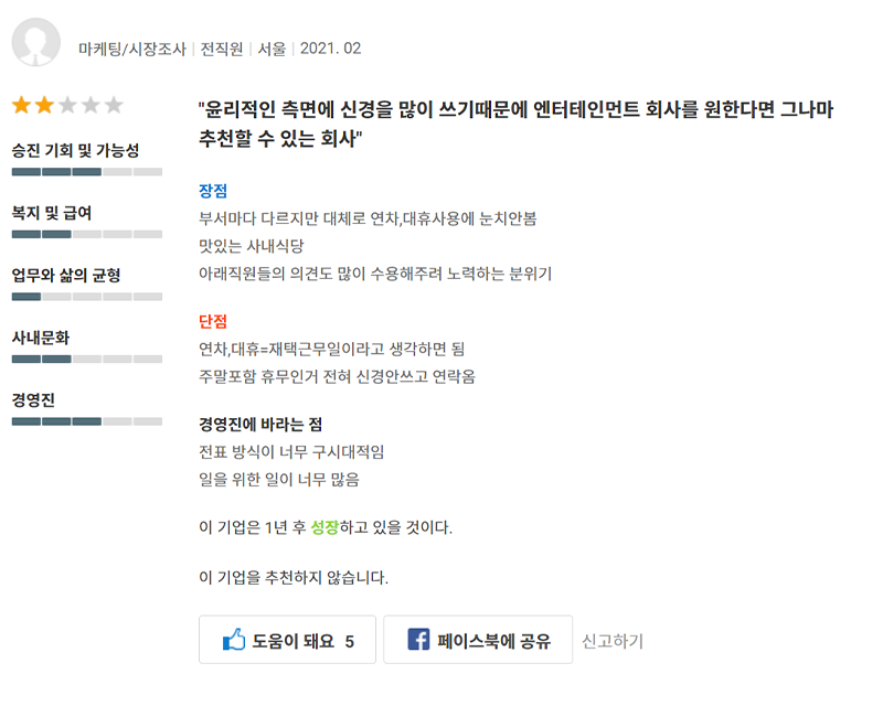 Saramin JYP employee review in Korean