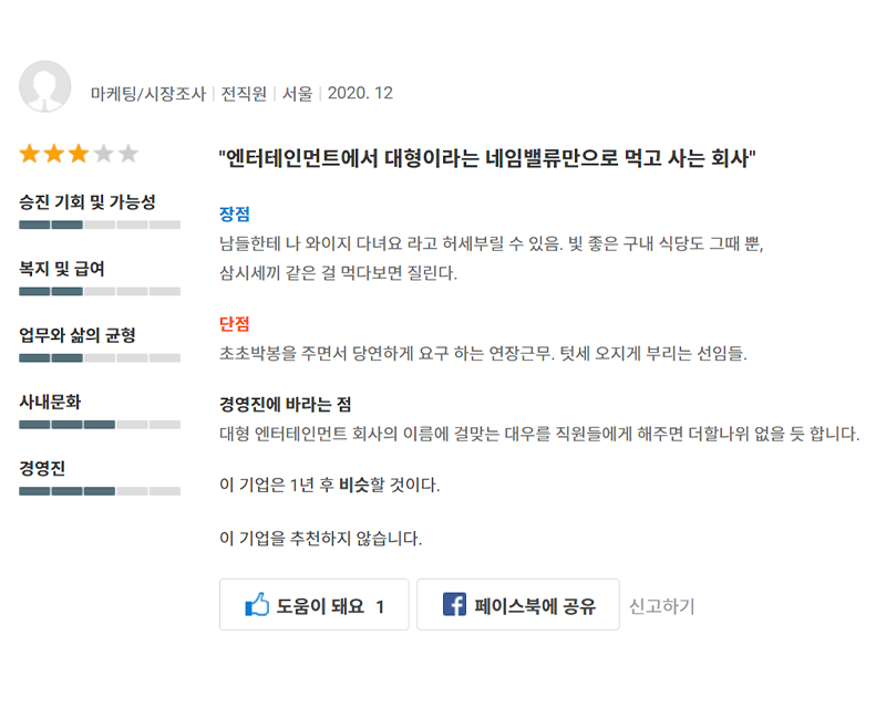 Saramin YG employee review in Korean